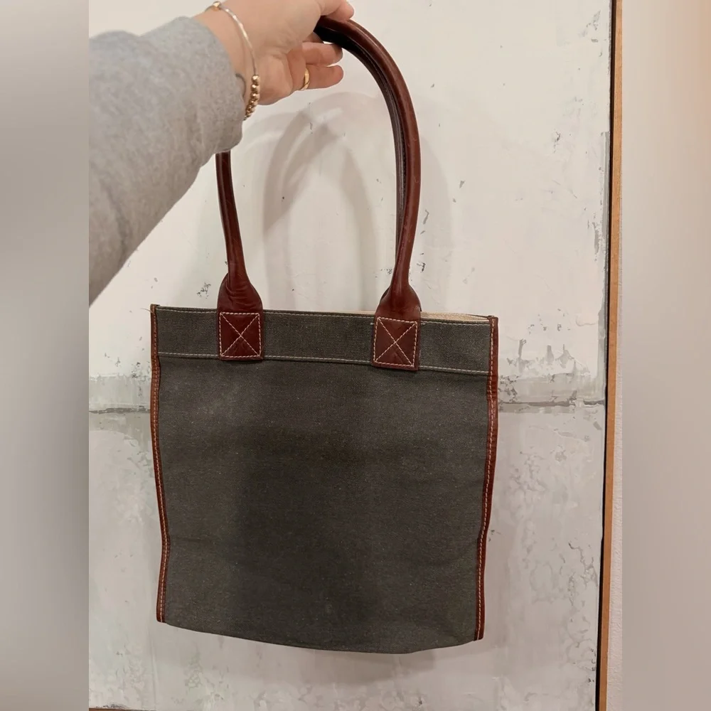 GAP Canvas Leather Tote Bag Brown Green Utility Shoulder Work Travel Bag